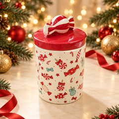 علبة حلويات كريسماس بغطاء أحمر ومقبض حلوى | Christmas Candy Jar with Red Lid