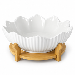 أوعية تقديم بيضاء مع حوامل من الخيزران الطبيعي | White Serving Bowls with Natural Bamboo Stands