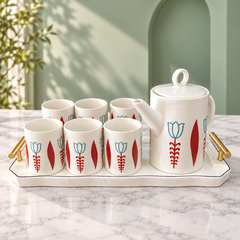 طقم ضيافة مزخرف مع إبريق و6 أكواب وصينية | Decorative Serving Set with Pot, 6 Cups & Tray