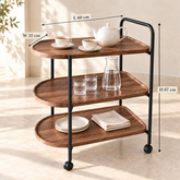 عربة تقديم بثلاثة رفوف بمظهر خشبي وهيكل أسود ومقبض وعجلات، 60 × 35 × 87 سم | Three-tier wood-look serving trolley with black frame, handle, and wheels, 60 × 35 × 87 cm