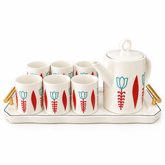 طقم ضيافة مزخرف مع إبريق و6 أكواب وصينية | Decorative Serving Set with Pot, 6 Cups & Tray