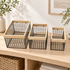 مجموعة سلال تخزين شبكية بإطار خشبي | Set of Wire Storage Baskets with Wooden Frames
