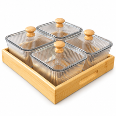 طقم أوعية تقديم مضلّعة بأغطية وصينية | Ribbed Serving Bowl Set with Lids and Tray