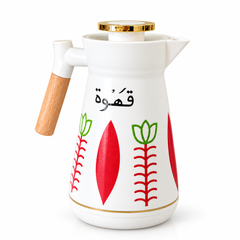 ترمس قهوة مزخرف بمقبض بلون خشبي | Decorative Coffee Flask with Wood-Tone Handle
