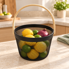 سلة فواكه شبكية بمقبض خشبي | Mesh Fruit Basket with Wooden Handle