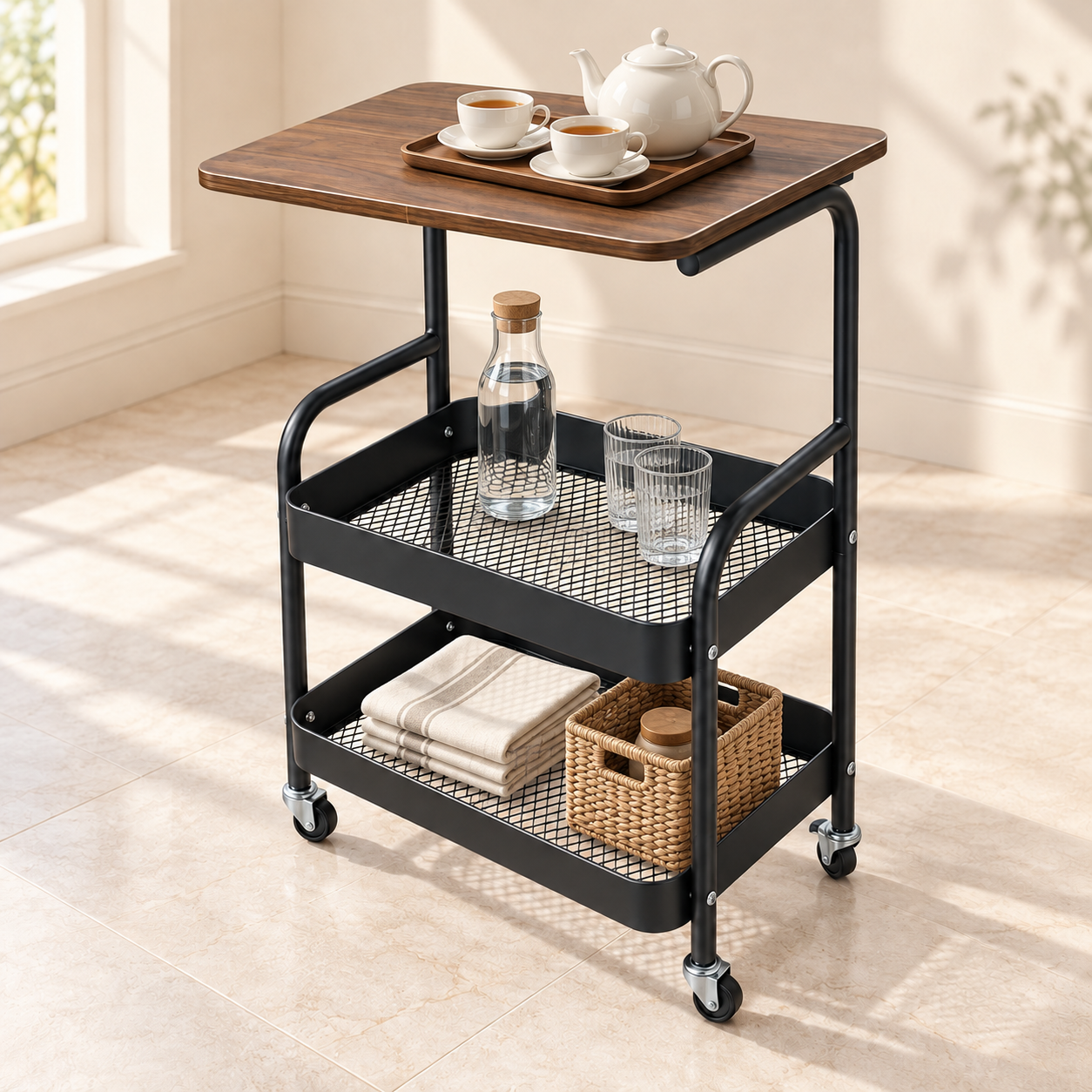 عربة تقديم بثلاثة مستويات وسطح بمظهر خشبي ورفوف سوداء وعجلات | Three-tier serving trolley with a wood-look top, black shelves, and wheels