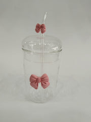 Glass Cup with Straw & Silicone Bow