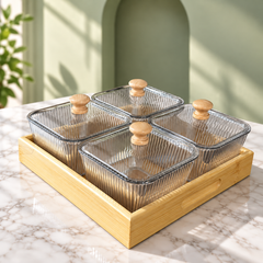 طقم أوعية تقديم مضلّعة بأغطية وصينية | Ribbed Serving Bowl Set with Lids and Tray