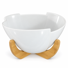 أوعية تقديم بيضاء مع حوامل من الخيزران الطبيعي | White Serving Bowls with Natural Bamboo Stands