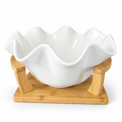 أوعية تقديم بيضاء مع حوامل من الخيزران الطبيعي | White Serving Bowls with Natural Bamboo Stands