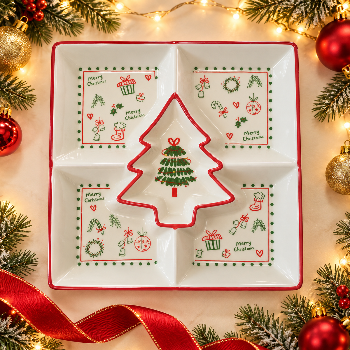 طبق تقديم كريسماس مقسّم مع وعاء بشكل شجرة | Divided Christmas Serving Dish with Tree-Shaped Bowl
