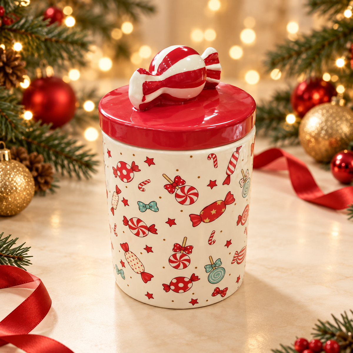 علبة حلويات كريسماس بغطاء أحمر ومقبض حلوى | Christmas Candy Jar with Red Lid