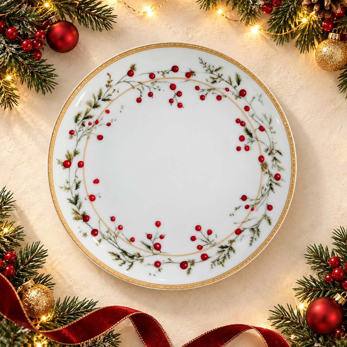 طبق تقديم كريسماس دائري بحافة ذهبية | Gold-Rimmed Round Christmas Serving Plate