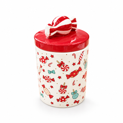 علبة حلويات كريسماس بغطاء أحمر ومقبض حلوى | Christmas Candy Jar with Red Lid