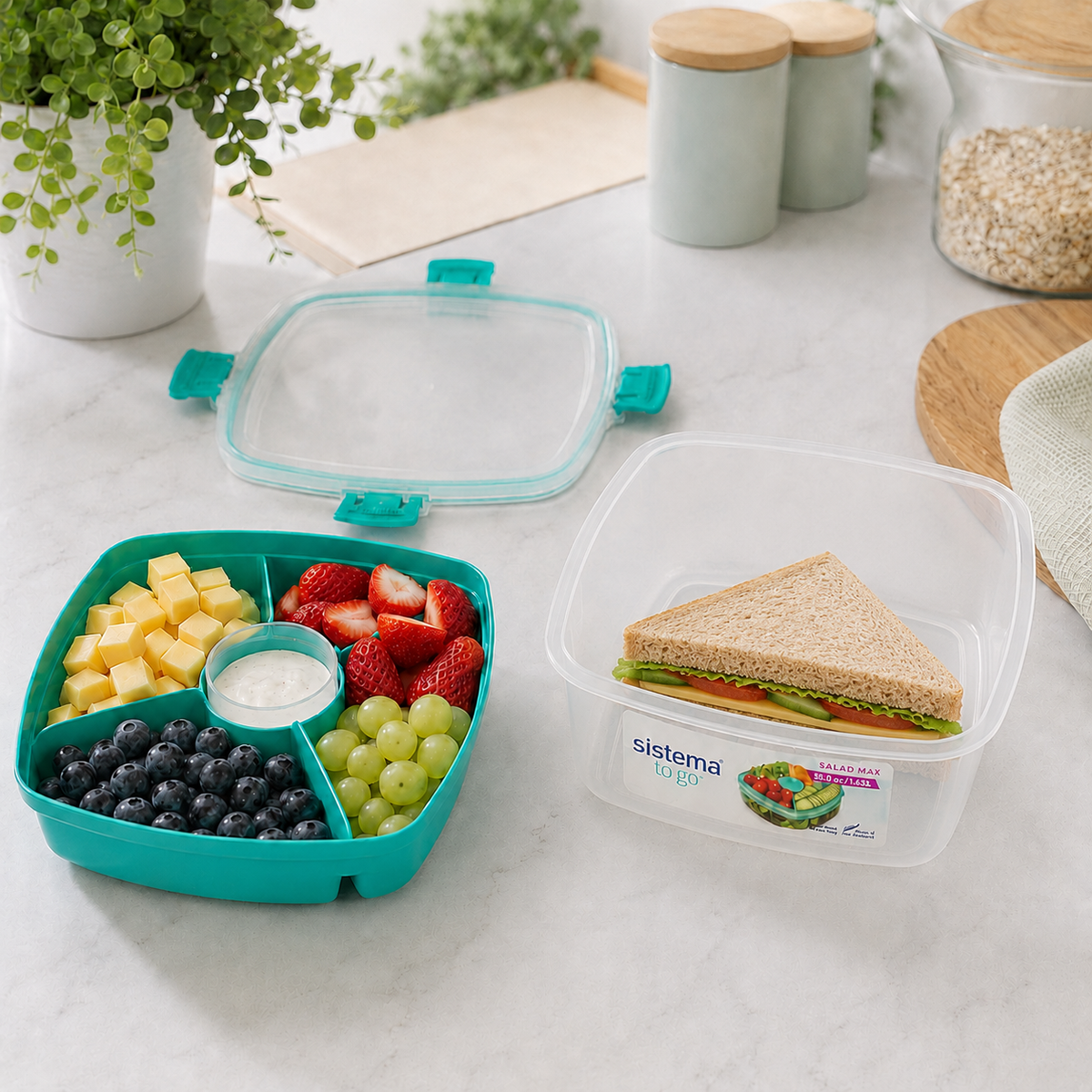 Sistema To Go Salad Max 1.63L with 4 Compartments & Sandwich Box - طبق سلطة سيستيما ماكس 1.63ل مع 4 أقسام وعلبة سندويتشات