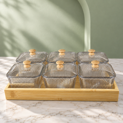 طقم أوعية تقديم مضلّعة بأغطية وصينية | Ribbed Serving Bowl Set with Lids and Tray