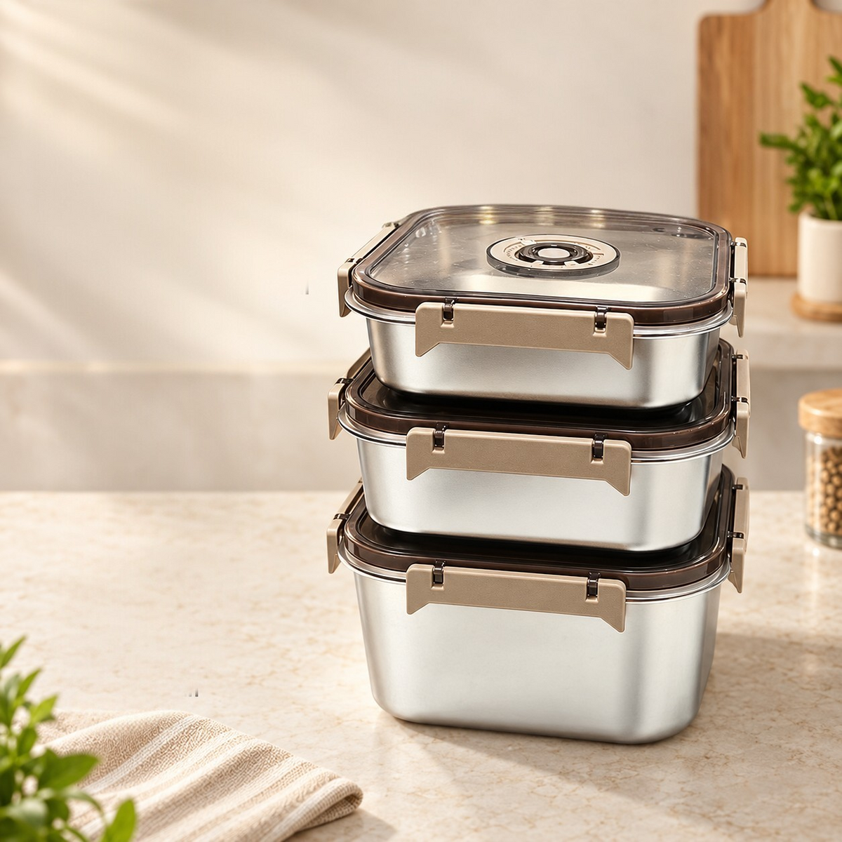 طقم علب حفظ طعام مربعة من الستانلس ستيل 3 قطع 1800 و3000 و5000 مل | 3-Piece Square Stainless Steel Food Storage Set