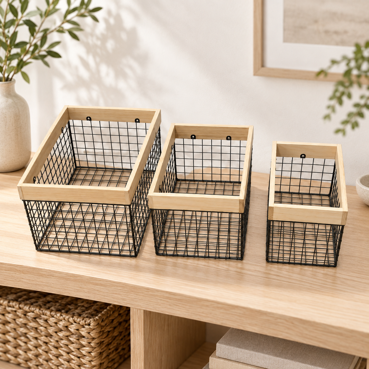 مجموعة سلال تخزين شبكية بإطار خشبي | Set of Wire Storage Baskets with Wooden Frames