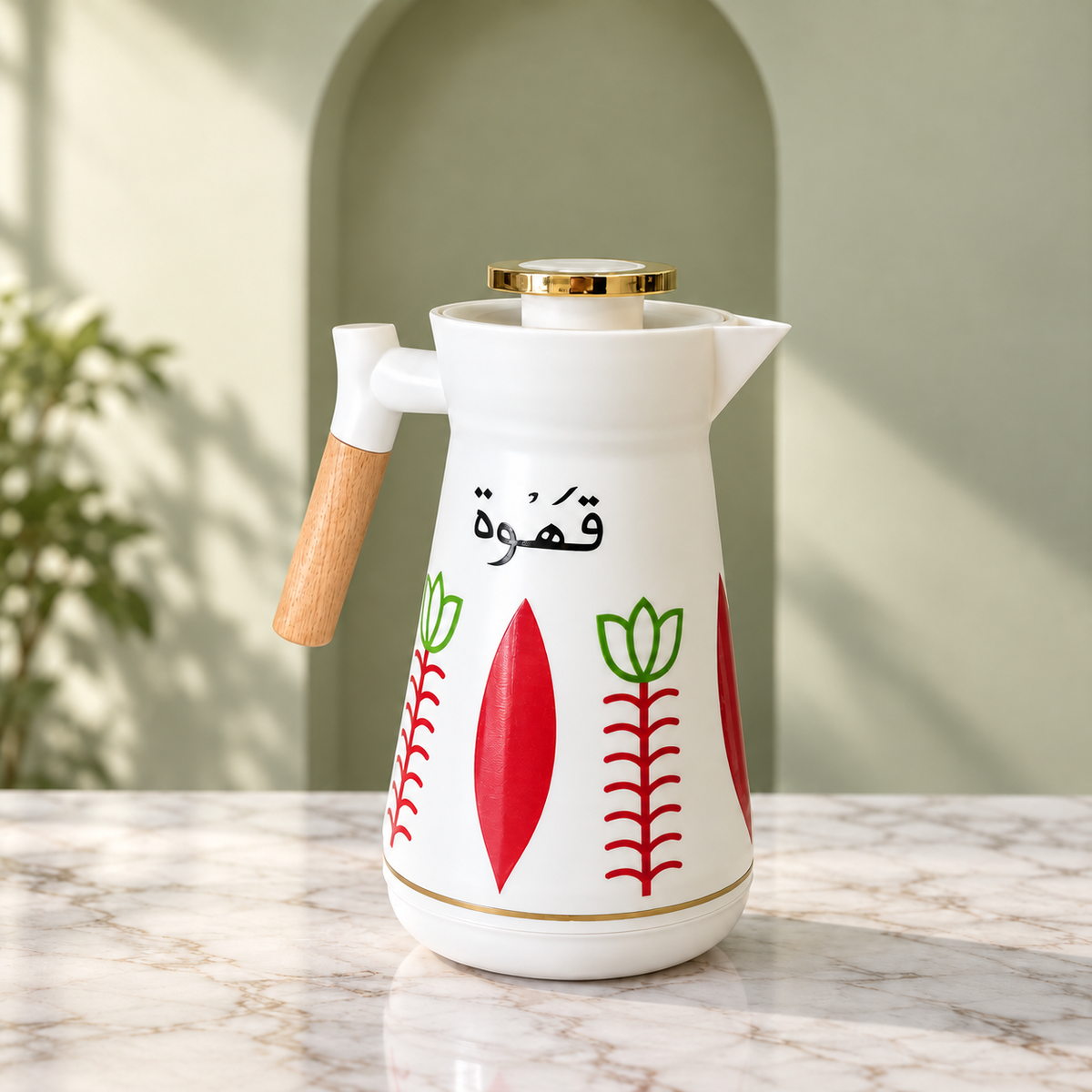 ترمس قهوة مزخرف بمقبض بلون خشبي | Decorative Coffee Flask with Wood-Tone Handle