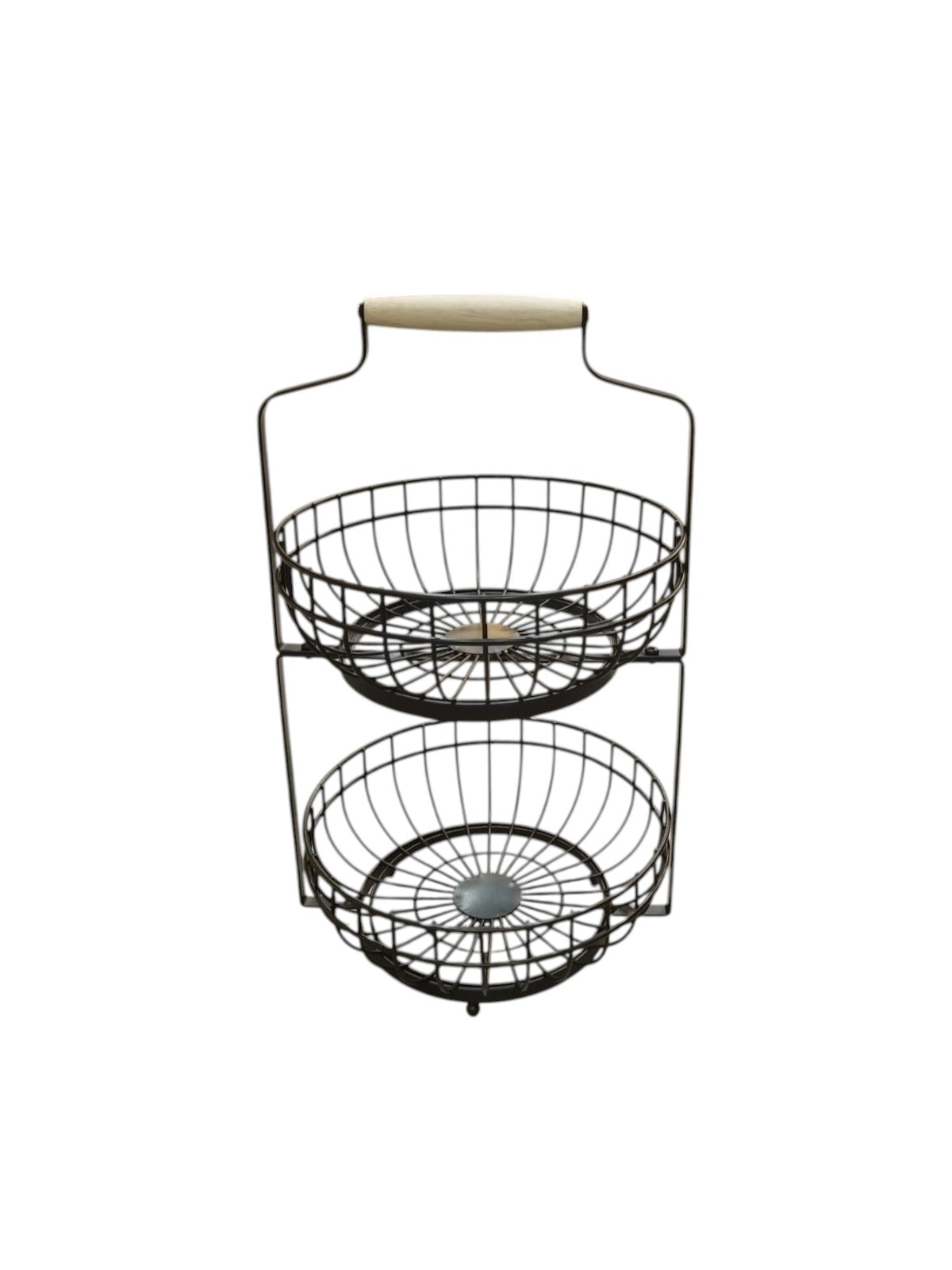 2-Tier Metal Wire Basket Stand with Wooden Handle