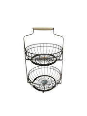 2-Tier Metal Wire Basket Stand with Wooden Handle