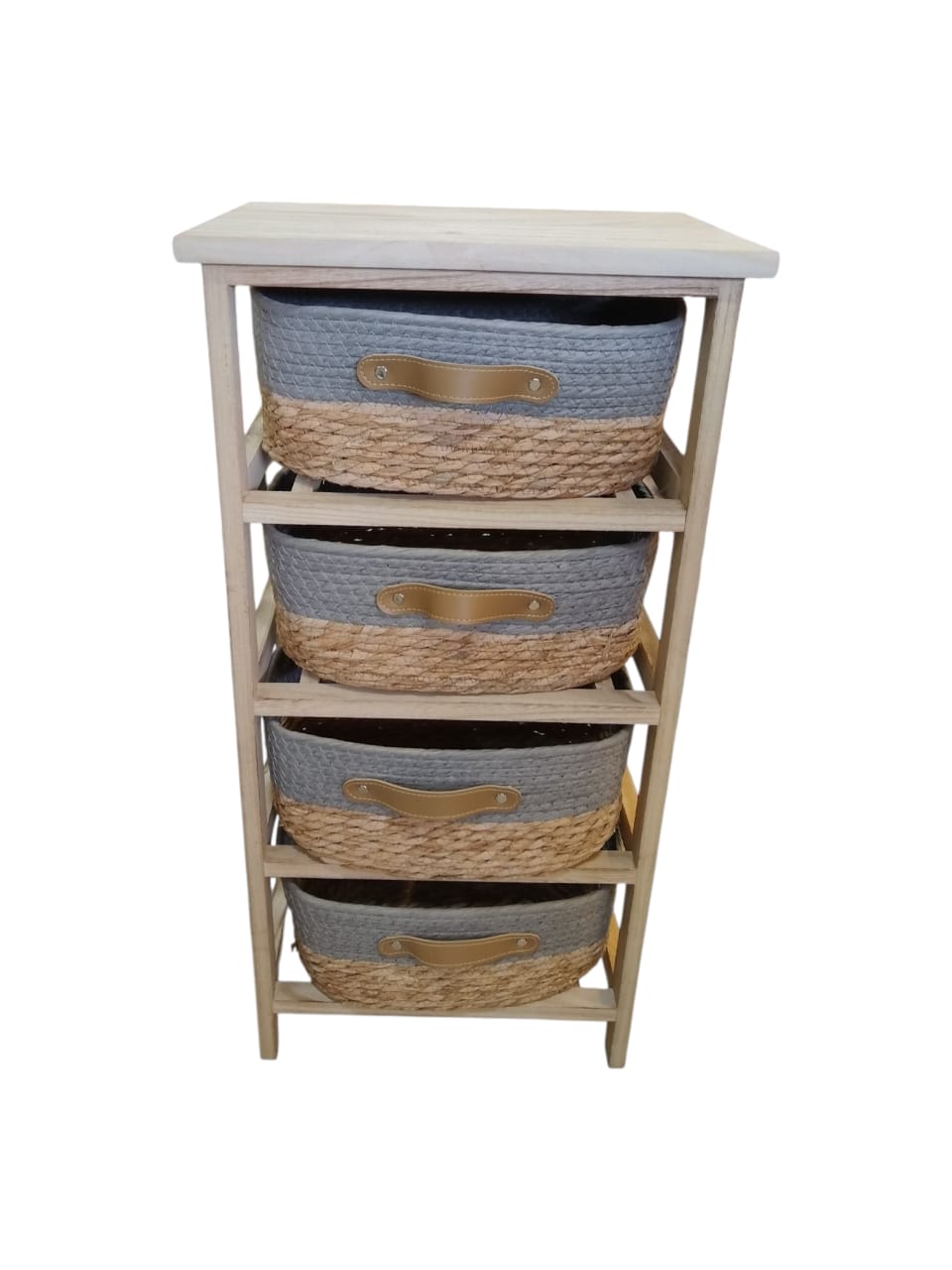 4-Tier Wooden Storage Unit with Woven Baskets