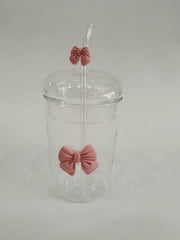 Glass Cup with Straw & Silicone Bow