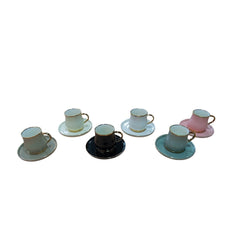 Gold-Rim Ceramic Coffee Cup & Saucer Set – 6 Assorted Colors