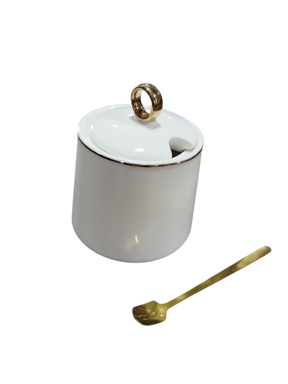 Ceramic Sugar Pot with Lid & Spoon – Elegant White & Gold Design