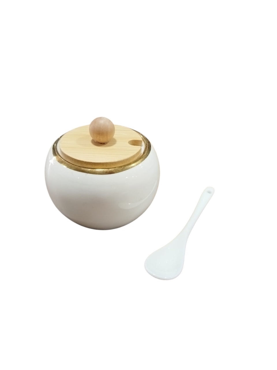 Ceramic Sugar Pot with Bamboo Lid & Spoon – White & Natural Wood