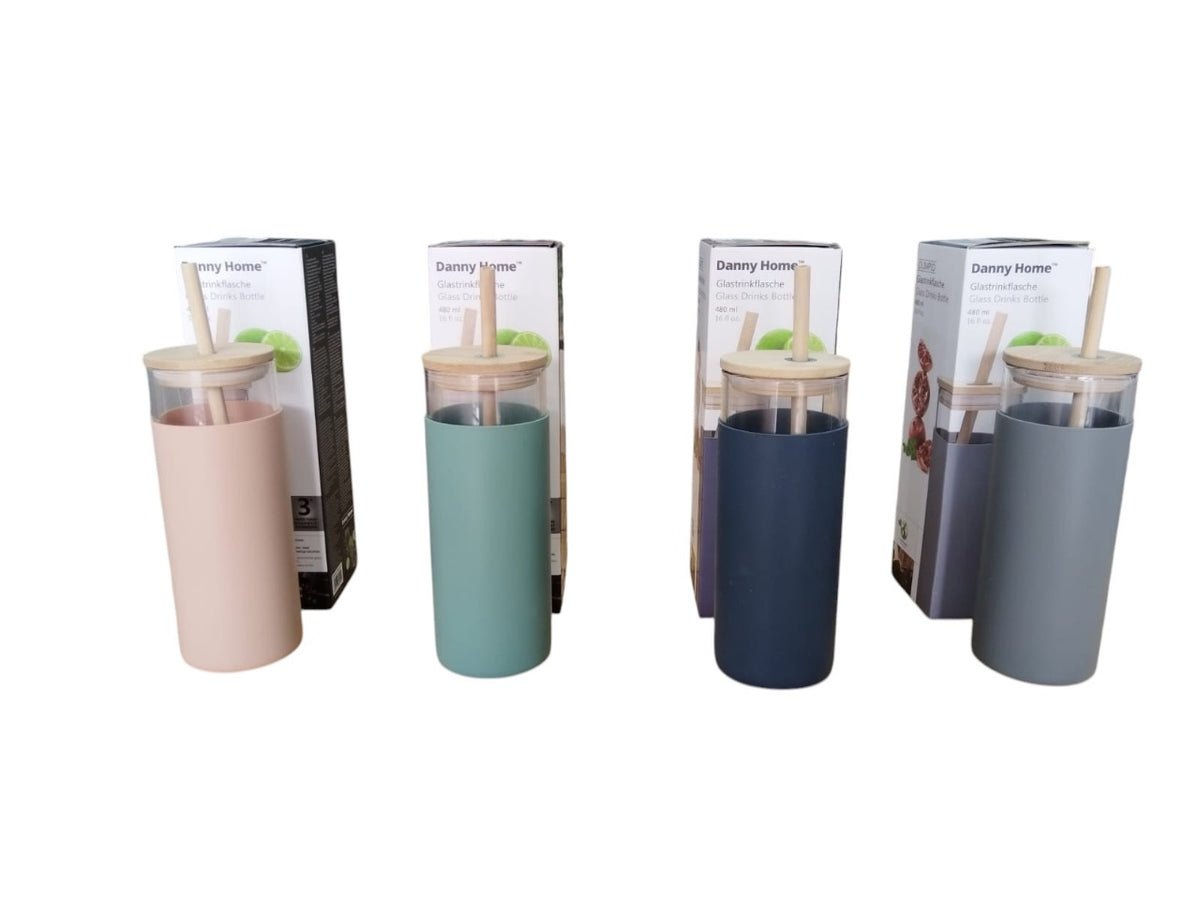 Danny Home™ Glass Drinks Bottle with Bamboo Lid & Straw