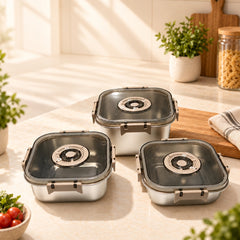 طقم علب حفظ طعام ستانلس ستيل 3 قطع 1100 و2000 و3200 مل | 3-Piece Stainless Steel Food Storage Set