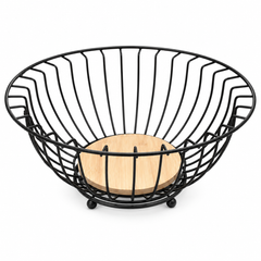سلة فواكه دائرية سوداء بقاعدة خشبية | Black Round Wire Fruit Basket