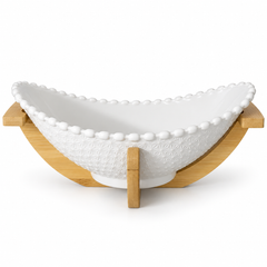 أوعية تقديم بيضاء مع حوامل من الخيزران الطبيعي | White Serving Bowls with Natural Bamboo Stands