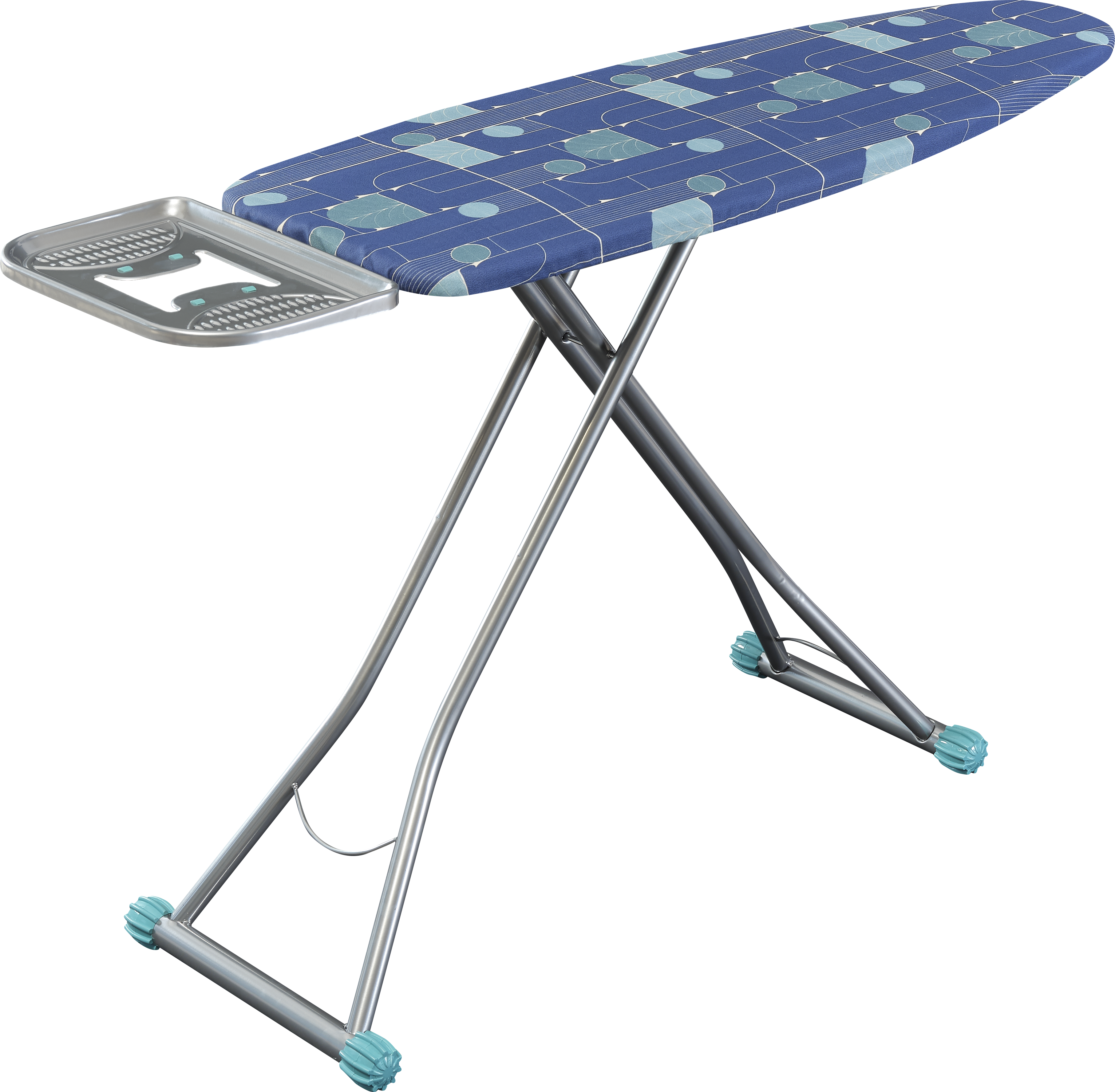 طاولة كي قابلة للطي بغطاء أزرق منقوش ومسند للمكواة | Folding ironing board with patterned blue cover and iron rest