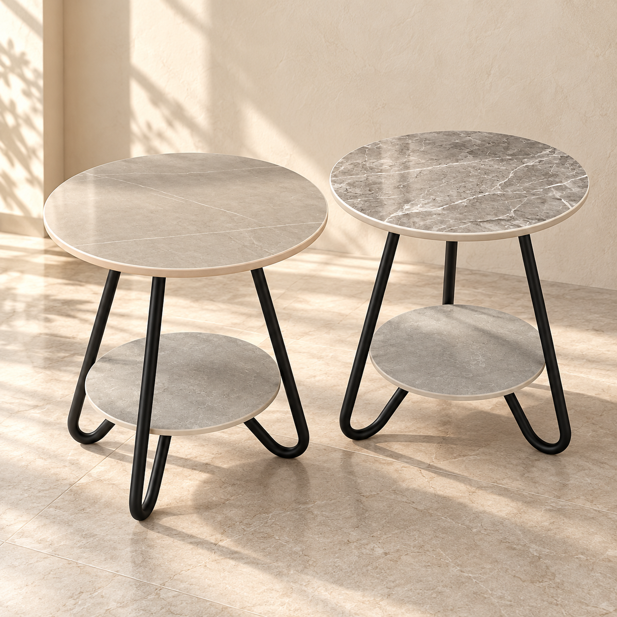 طاولتان جانبيتان دائريتان بسطح بمظهر رخامي ورف سفلي وأرجل سوداء | Two round marble-look side tables with lower shelves and black legs