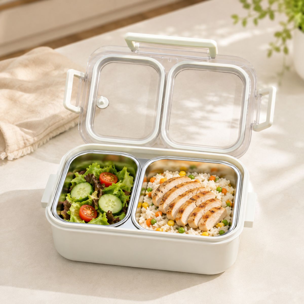 علبة غداء ستانلس ستيل و بلاستيك Stainless Steel Lunch Box And plastic