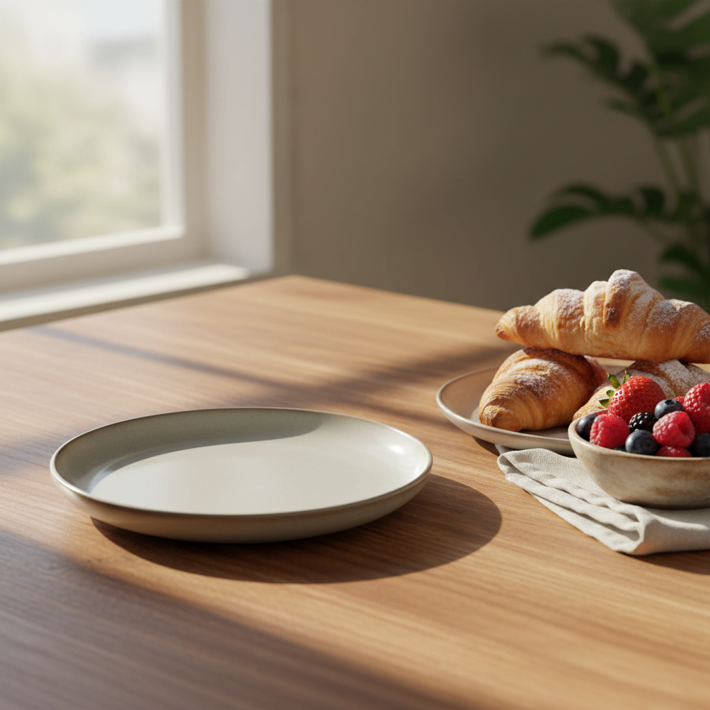 Greige marble plate with croissants and berries in a warm breakfast setting