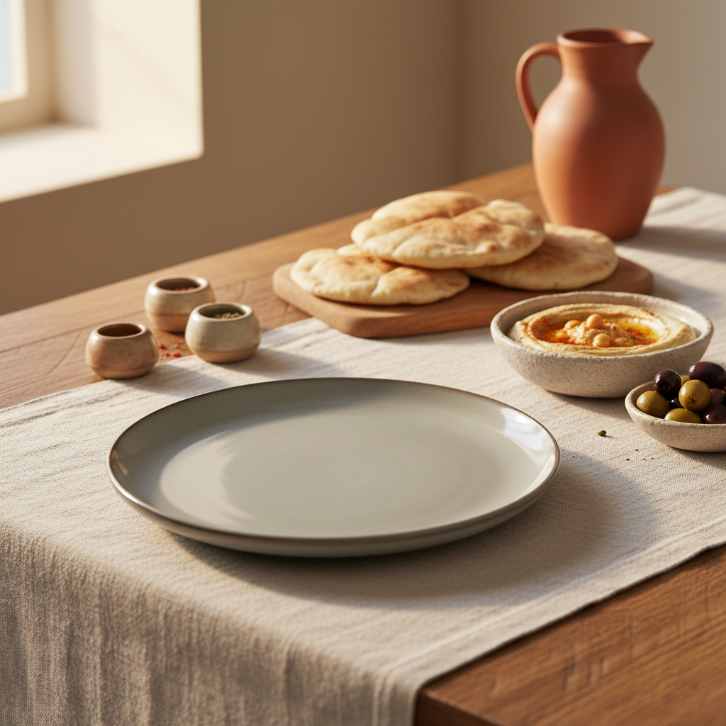 Greige marble plate with hummus, pita, and olives in a cozy Mediterranean setting