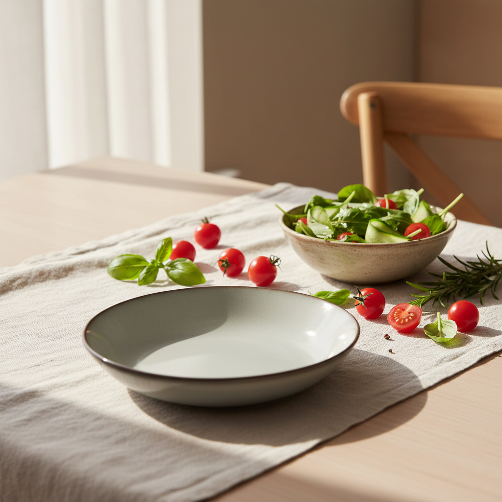 Greige marble plate with fresh salad styling in a cozy dining setting